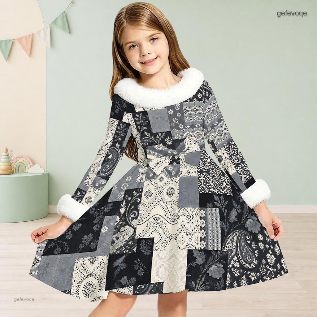 Meisjes Jurk met Hoge Hals, Lange Mouwen, Geprint Patchwork, A-lijn, Uitlopend, met Bontrand