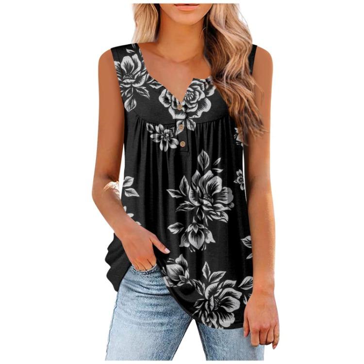 Floral Print Women's Casual Sleeveless Pleated Button Vest T-shirt Top