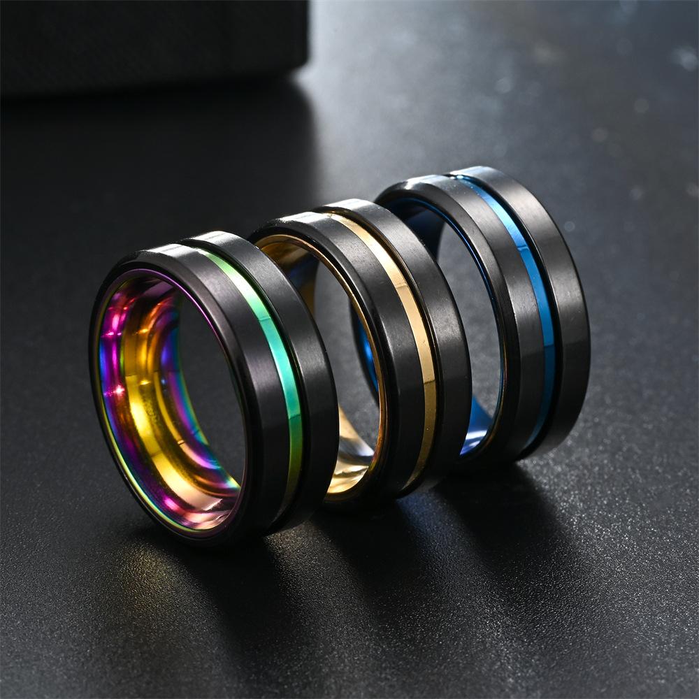 8mm Roségoldfarbene Edelstahlringe für Herren Blaue Rille Abgeschrägte Kante Versprechensring Hochglanzpoliert Ehering Schmuck