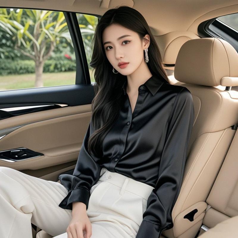 Elegant Silk Office Shirts Women Korean Fashion Y2k Clothes Slim Long Sleeve White Black Blouses
