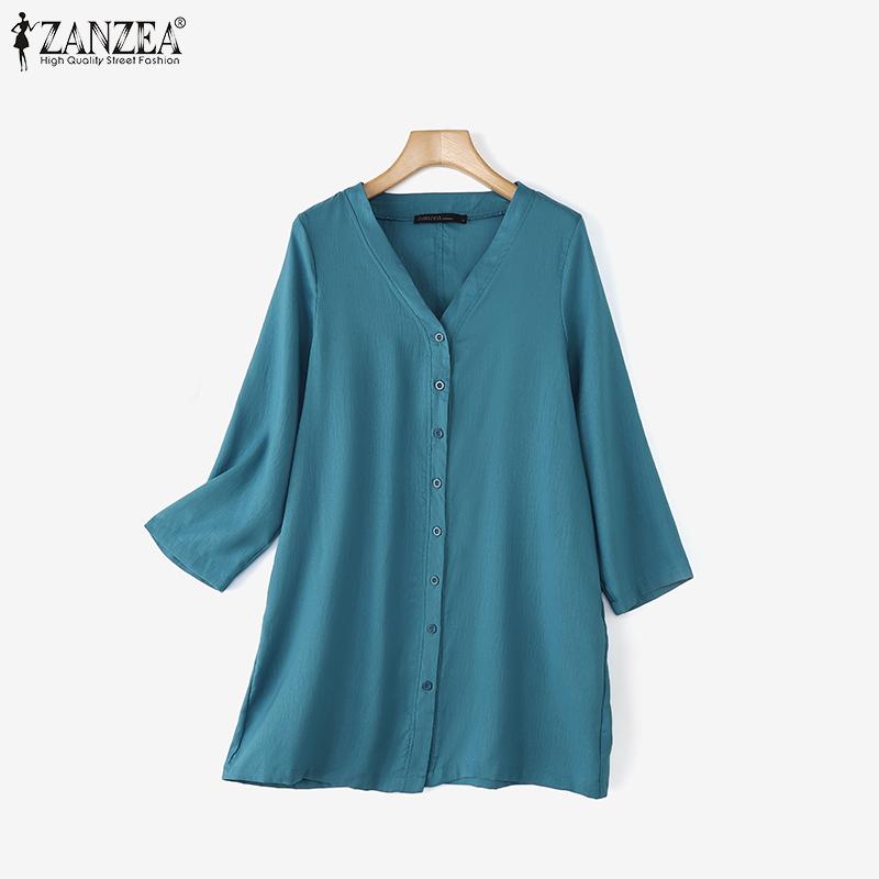ZANZEA Women V Collar 3/4 Sleeve Buttons Up Casual Loose Long Cardigan Tops