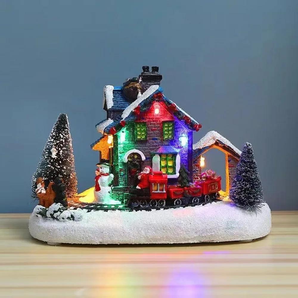 Harz Weihnachtsleuchtendes Haus Ornamente LED Beleuchtete Schneemannhaus Figur Weihnachts Zug Haus Ornament