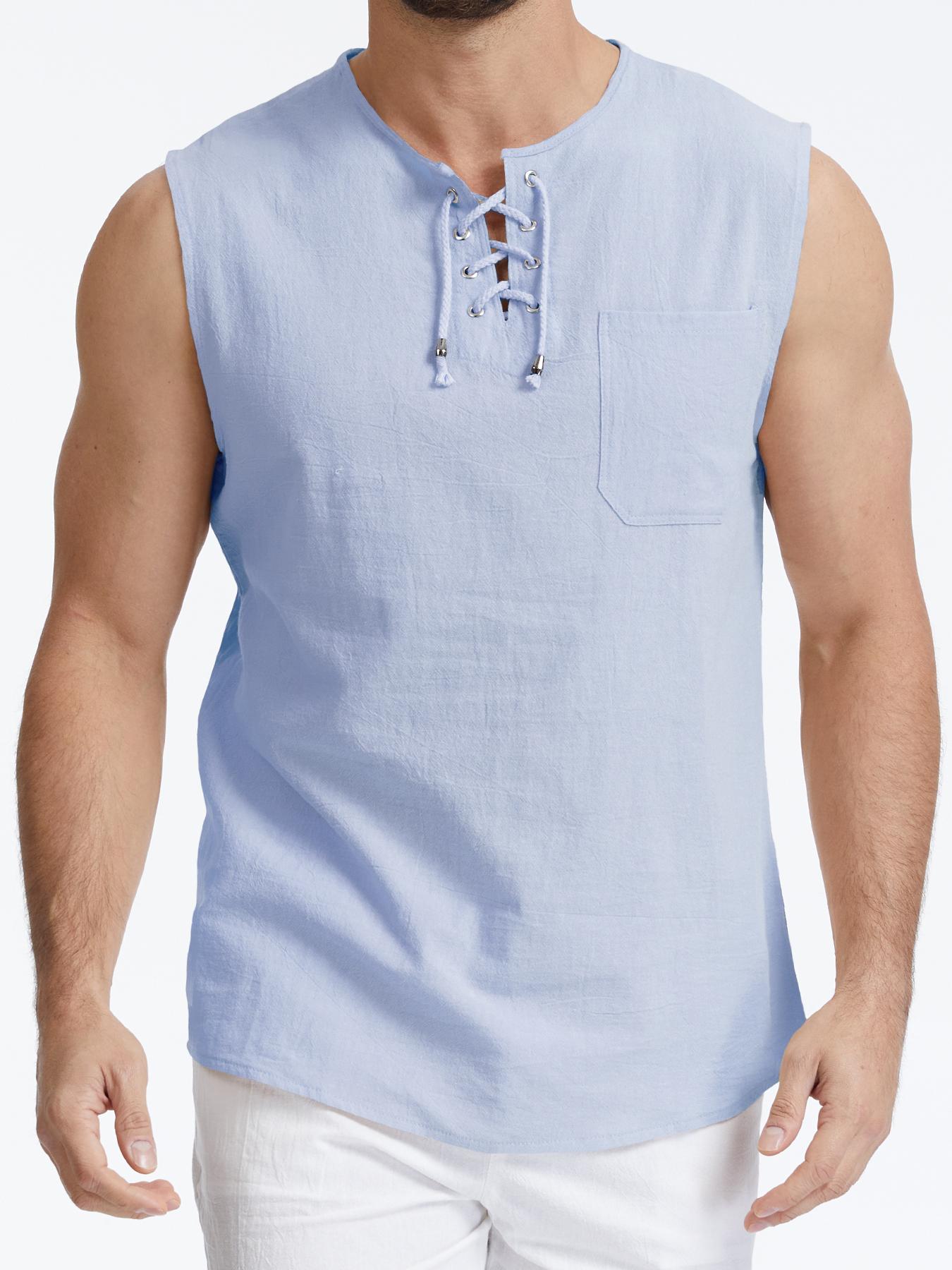 

Lightweight Summer Linen Blend Sleeveless Top for Men - Breathable Lace-up Casual Tops in Solid Colors S