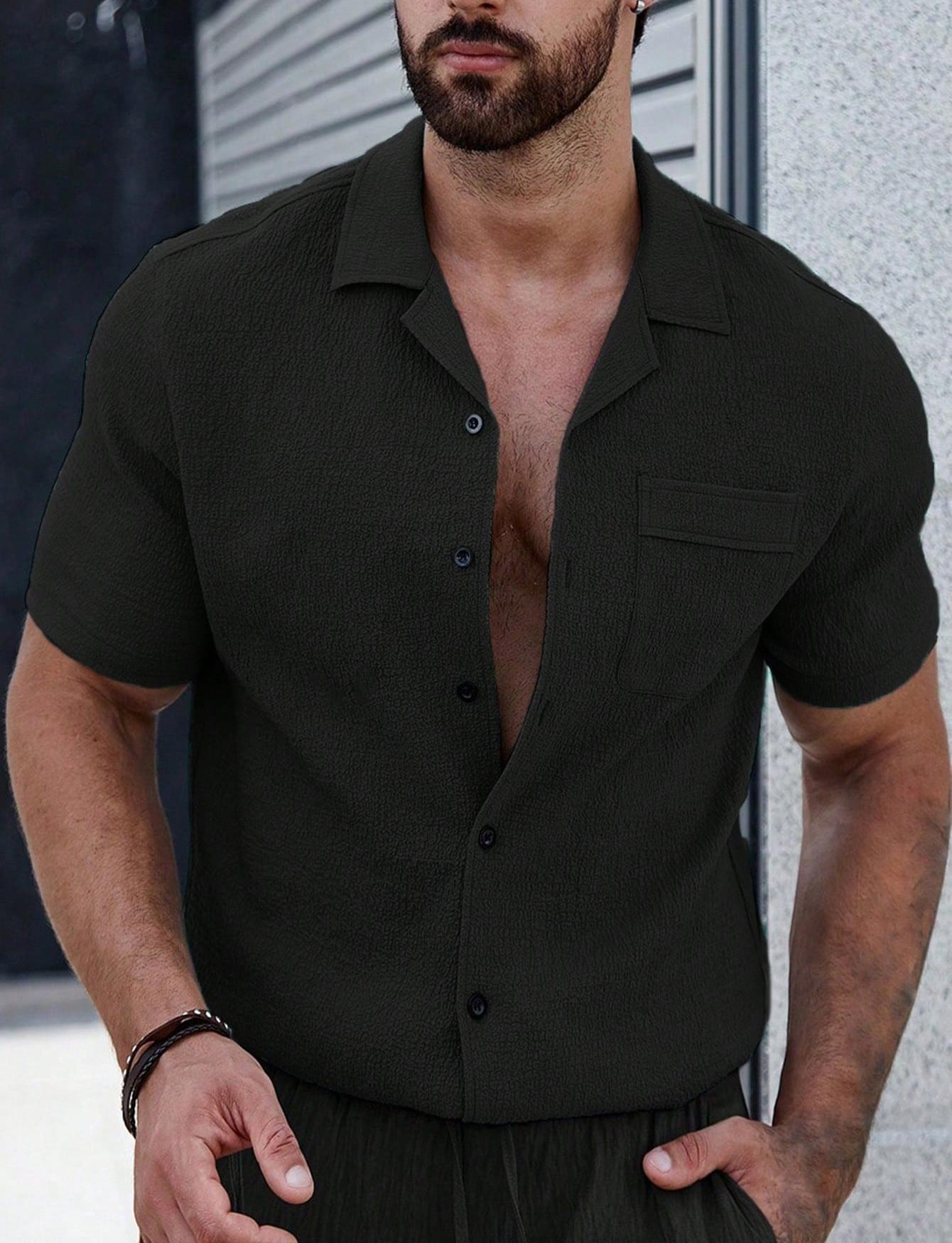 Mens Summer Casual Breathable Loose Solid Short Sleeve Shirt S чёрный