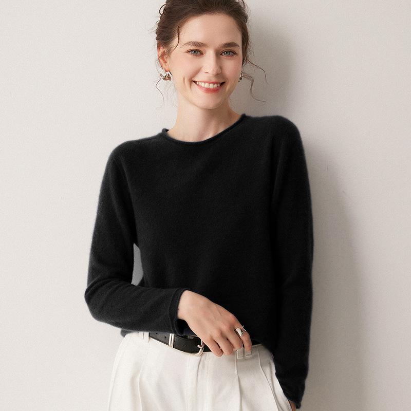 2026 Le Ka Sha Women's Pure Cashmere Round Neck Knit Sweater, 12-Gauge, Rolled Hem