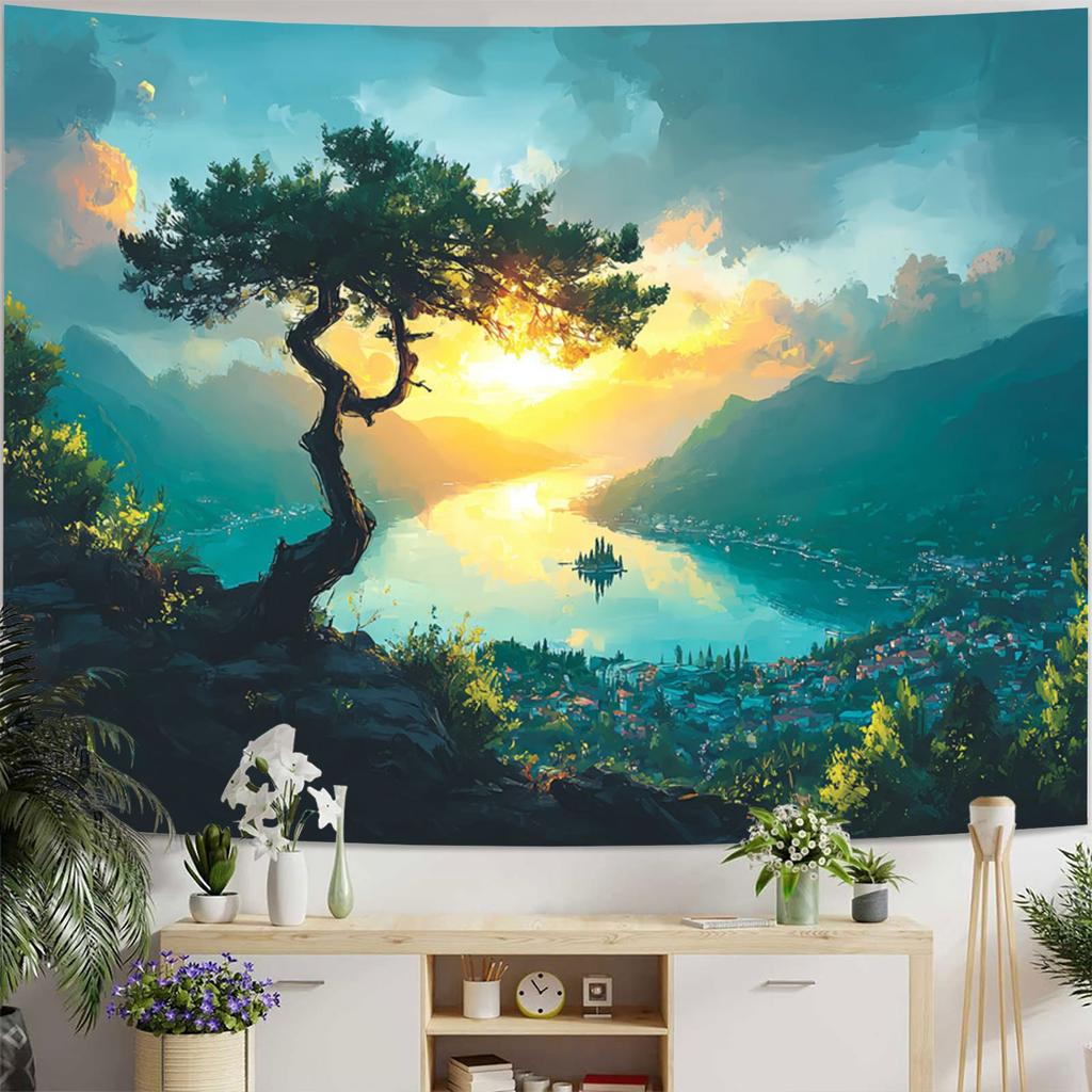 Sunrise Mountain City Theme Digital Printing Polyester Wall Hanging Tapestry Decorative Living Bedrooms Office Background Gift