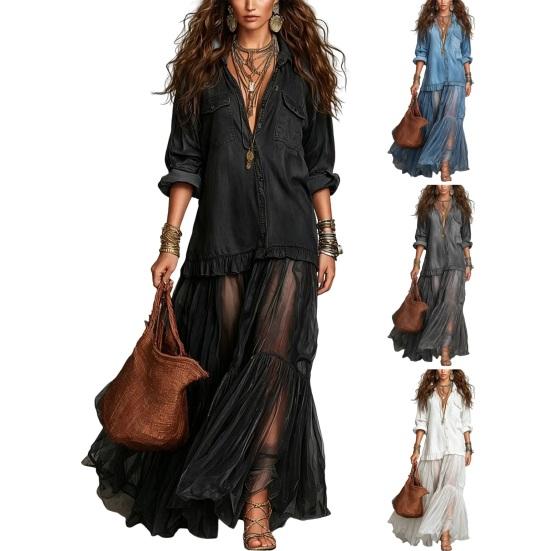 Damen Jeans-Look Hemdblusenkleid, Langarm Netz Patchwork Maxikleid, Knopfleiste Rüschen Durchsichtiges Langes Kleid