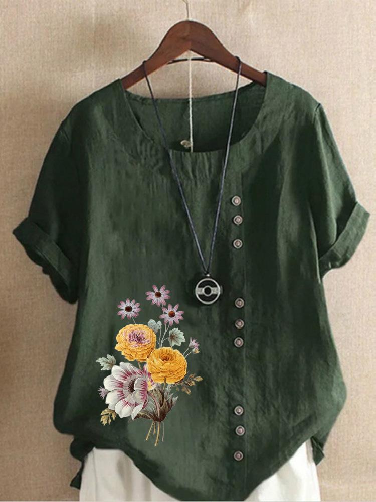 Europe and The United States Printing Cotton Linen Short-sleeved Ladies T-shirt