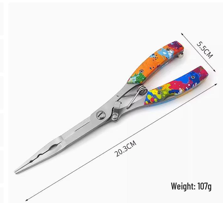 Long Nose Multifunctional Fishing Pliers: Lure, Fish Mouth Clamp, Hammer, Line Cutter, and Hook Control Tool.
