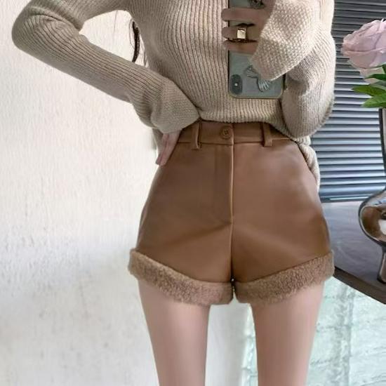 

Женские шорты из стриженой шерсти с вставками из искусственной кожи, широкие, с высокой талией, А-силуэта, для ягодиц - осенне-зимняя сексуальная верхняя одежда XS коричневый