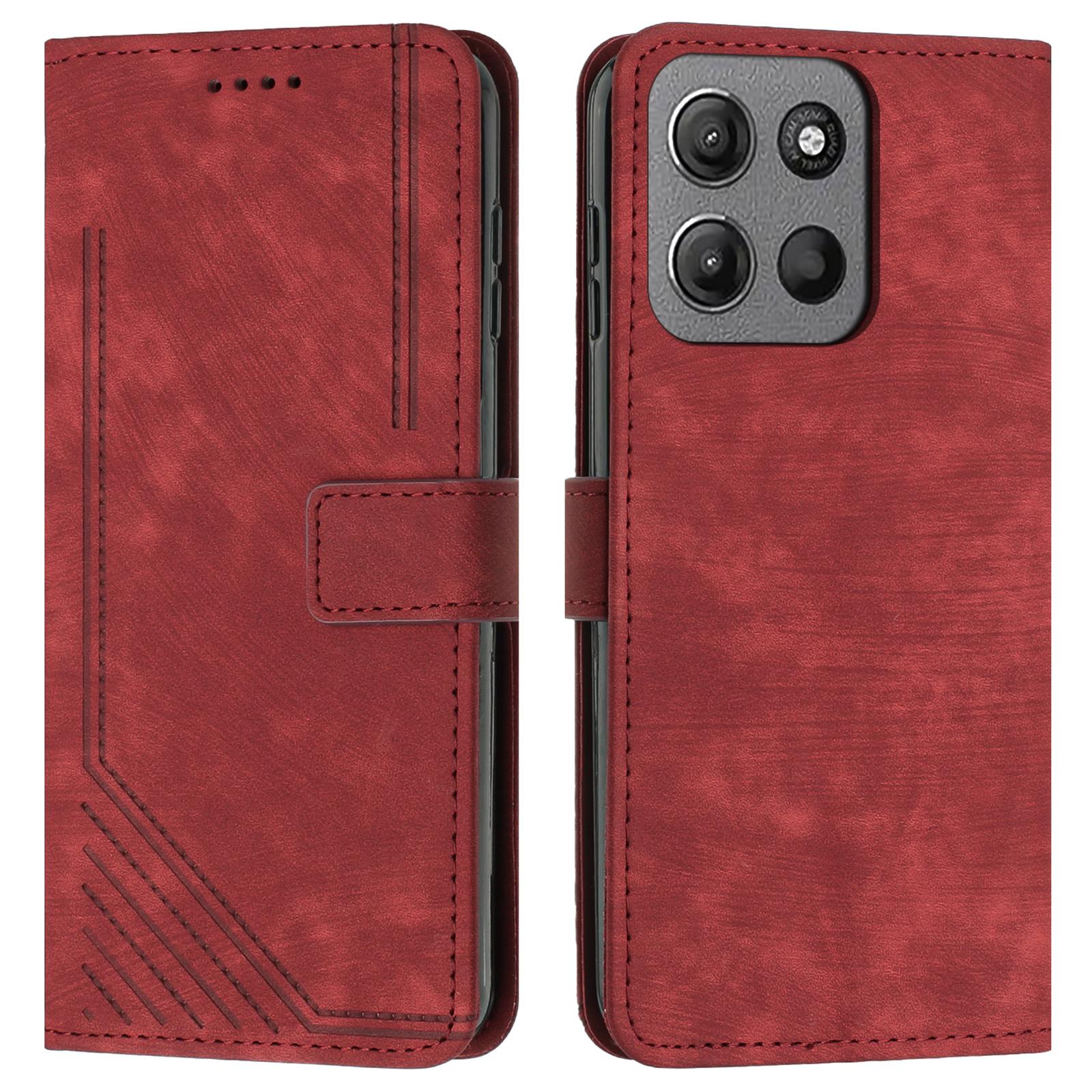 

For Motorola Moto G15 4G Case Imprinted Lines Leather Phone Cover Folding Stand Red