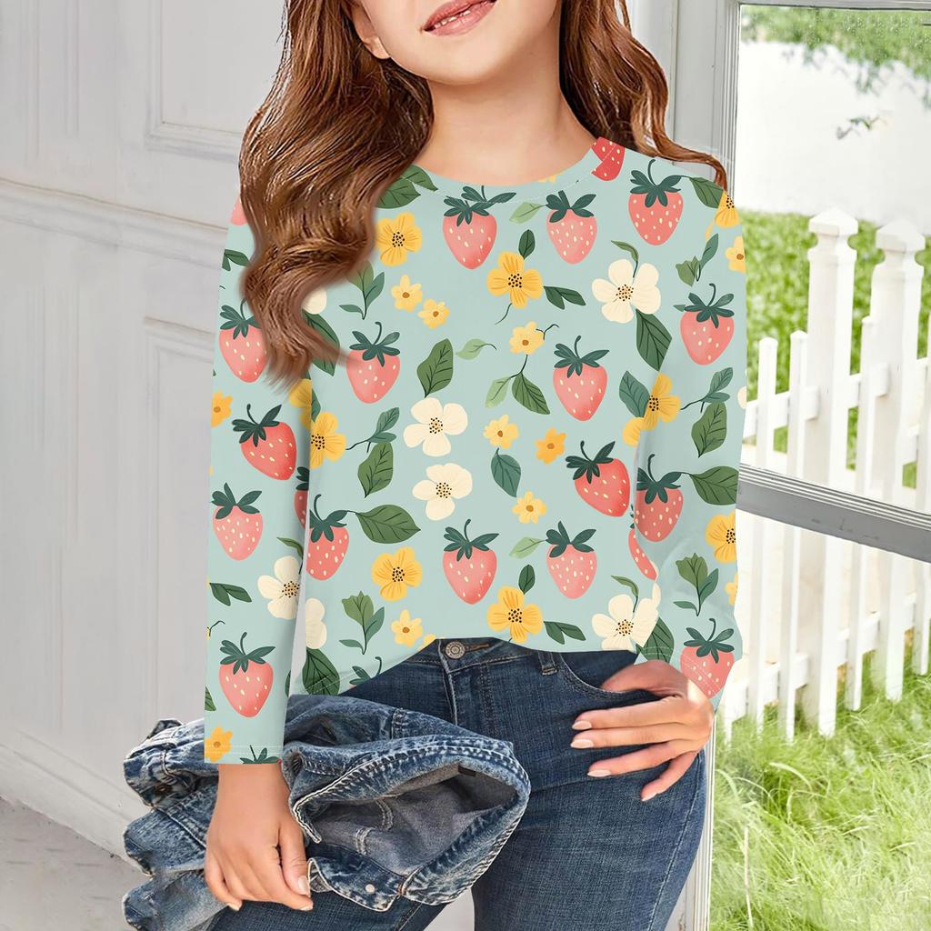 Meninas Camisetas de manga comprida Crianças Outono Tops Crewneck Impresso Camisetas básicas 5-14Y