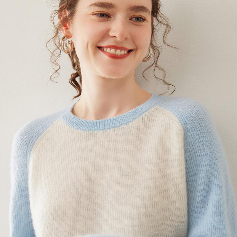 Women's Color Block Cashmere Sweater - Round Neck, Thick Knitwear for Autumn/Winter, Soft and Cozy Pullover