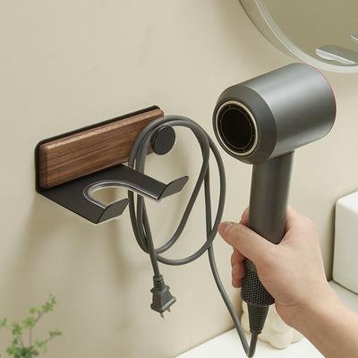 Solid Wood Bathroom Hair Dryer Holder No-Drill Wall Mount Organizer with Multi-Layer Shelves for Hairdryer