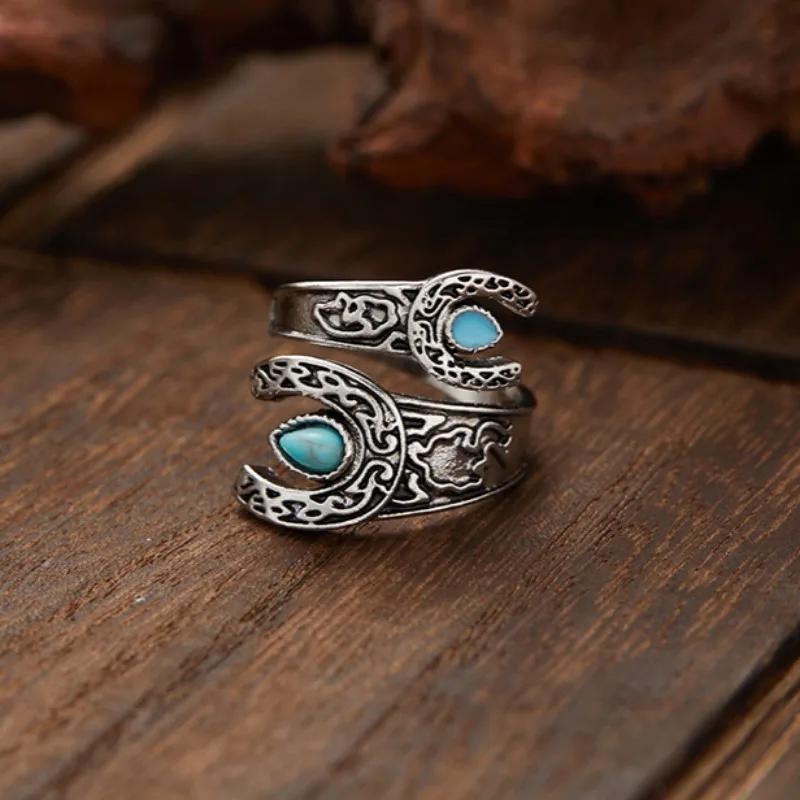 Bohemian Ethnic Style Creative Faux Turquoise Opening Adjustable Ring Women Retro Party Personality Jewelry Accessories