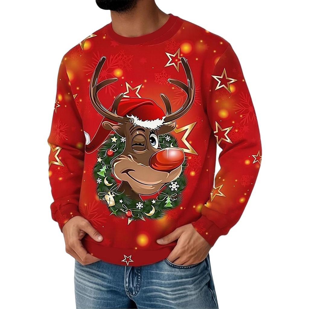 Men's Christmas Print Neck Sweatshirt, Long Sleeve Holiday Pullover Top