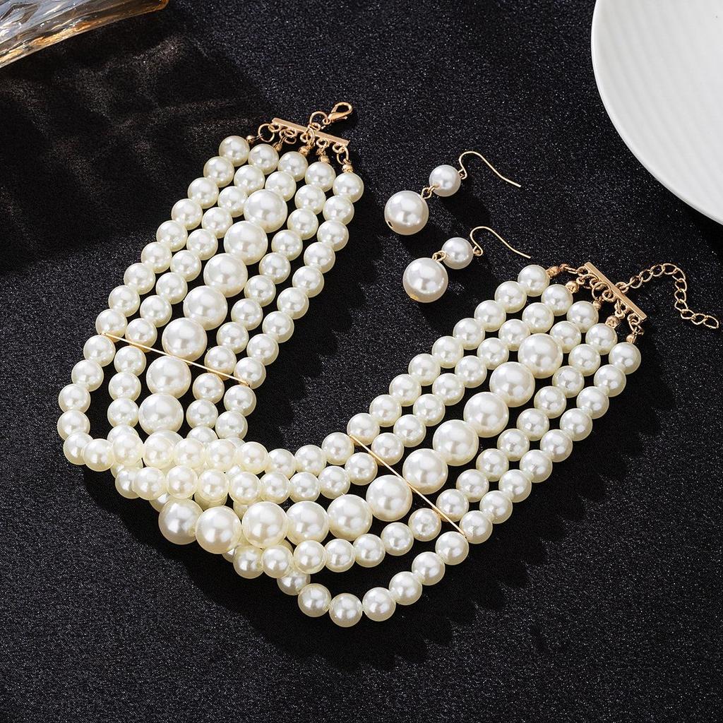 Vintage Multi-Layer Imitation Pearl Choker Necklace and Earring Set for Women