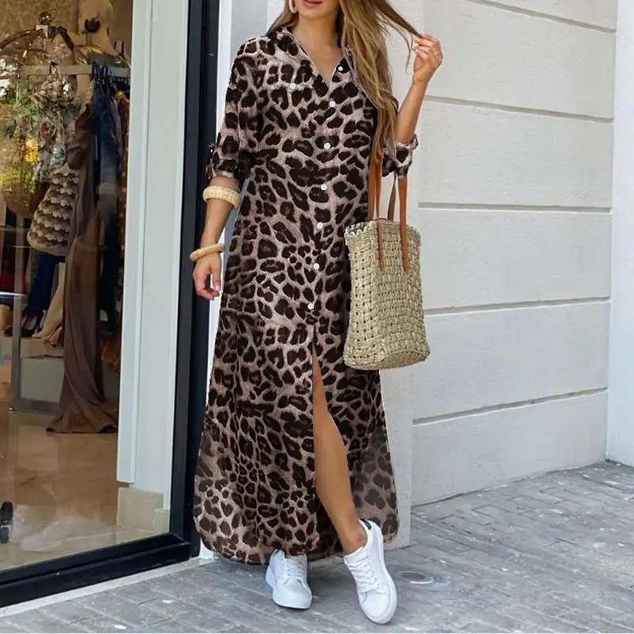 New Women's Autumn Fall Leopard Print Fashion High-Slit Long Sleeve Shirt Dress