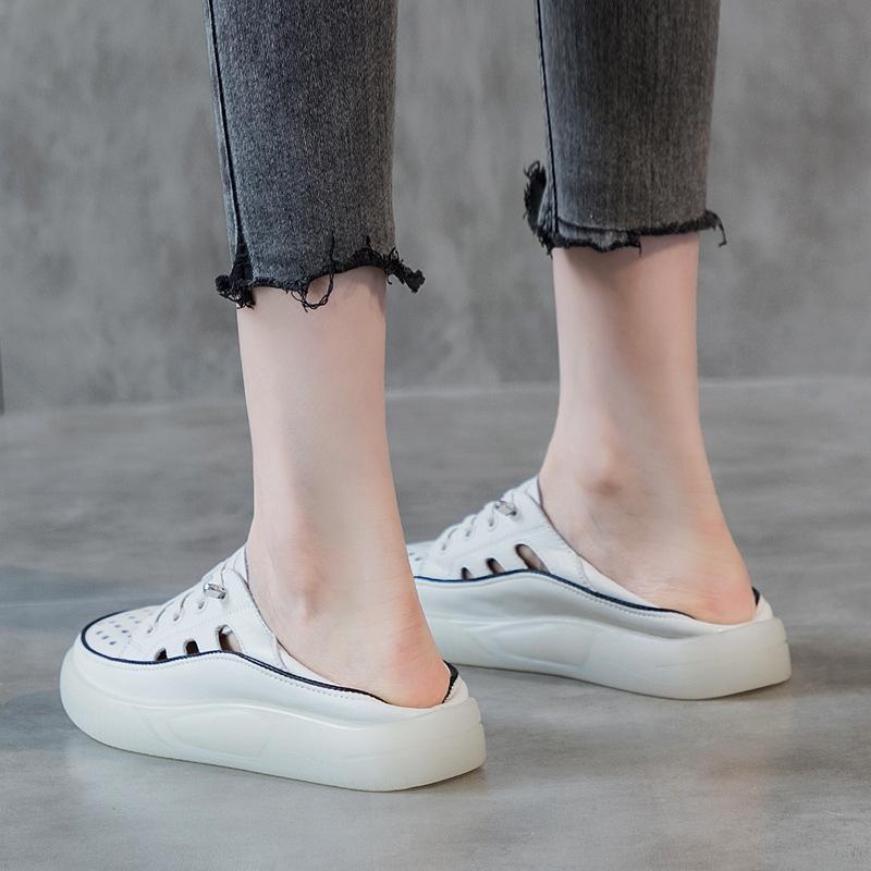 Fashion GKTINOO Loafers Ladies Genuine Leather Large Size Summer Hollow Lace-up White Shoes Women Fashion Casual Soft Sole Flat Shoes