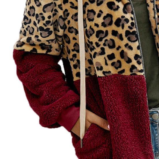 Manteau Imprimé Léopard Zippé Peluche Femme Patchwork Veste Moelleuse pour Rendez-vous