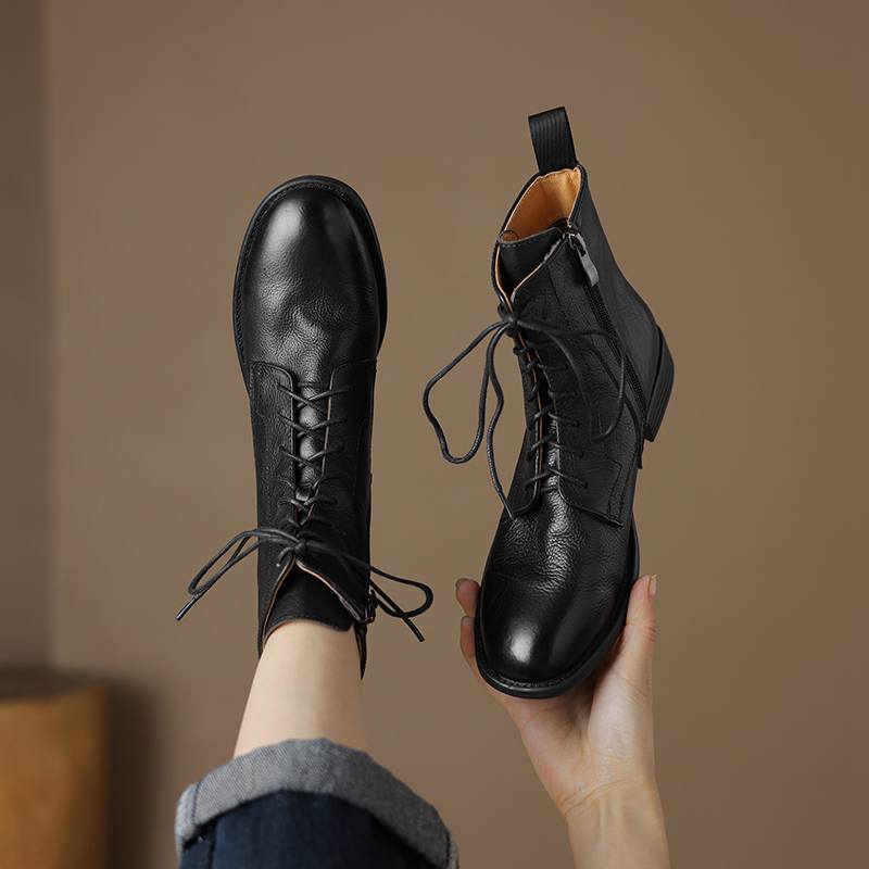 Krazing Pot Cow Leather Winter Round Toe Thick Low Heels Western Boots Women Lace Up Retro Ankle Boots