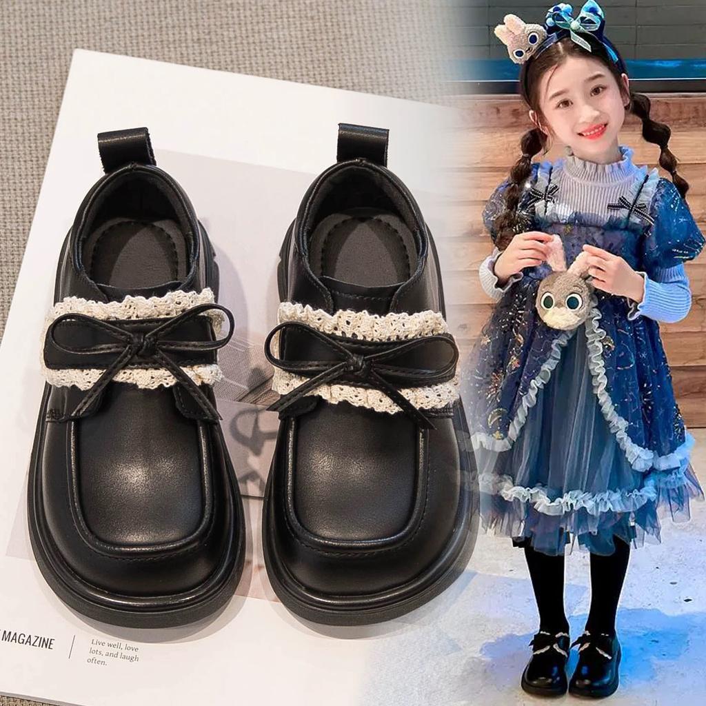 Girls Bow Lace Fashion Princess Small Leather Shoes 2025 Spring New Korean Version of Children's Loafer Platform Shoes