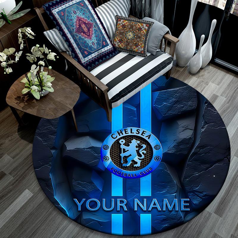 Custom Name Chelsea Football Club Round Area Rug,Carpet Rug for Living Room Bedroom Sofa Playroom Decor,Non-slip Floor Mat