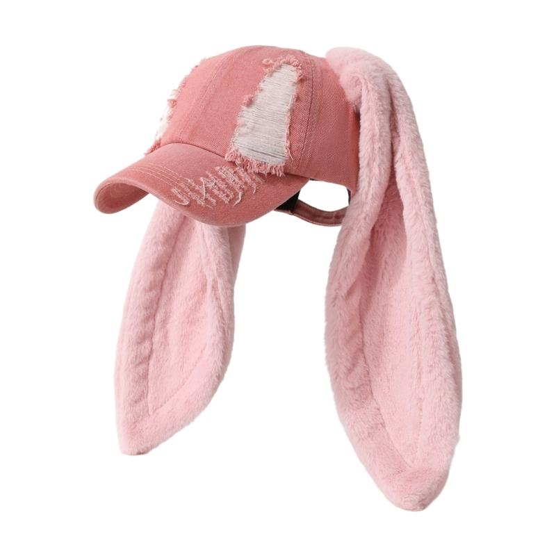 Long Rabbit Ears Adjustable Snapbacks Cap for Women Teens Winter Autumn Distressed Dad Hat Daily Fashion Accessories