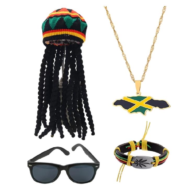 Rastafarian Women's Jewelry Set Juneteenth Jamaica African Accessories Headband,Sunglasses,Wood Dangle Earrings,Necklace