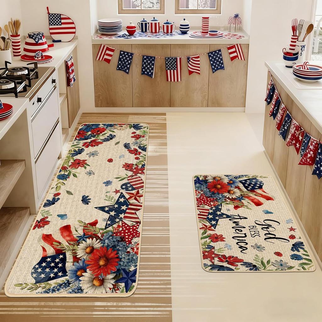 2PC American Patriotic Stars Stripes Kitchen Floor Mat Non Slip Oil Proof Runner Rug Living Room Entryway Decor