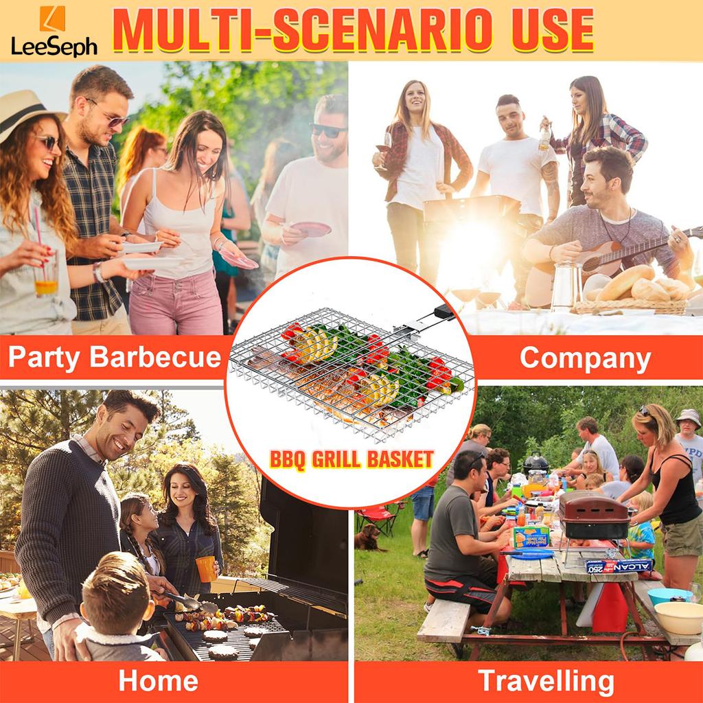 Grill Basket, Folding Carbon Steel Grill Outdoor BBQ Basket with Wood Handle, Outdoor Camping BBQ Rack for Fish, Vegetable