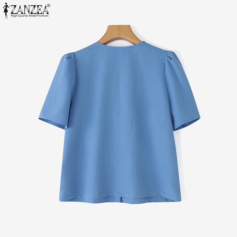 ZANZEA Women Casual Round Neck Summer Short Sleeve Button Blouse