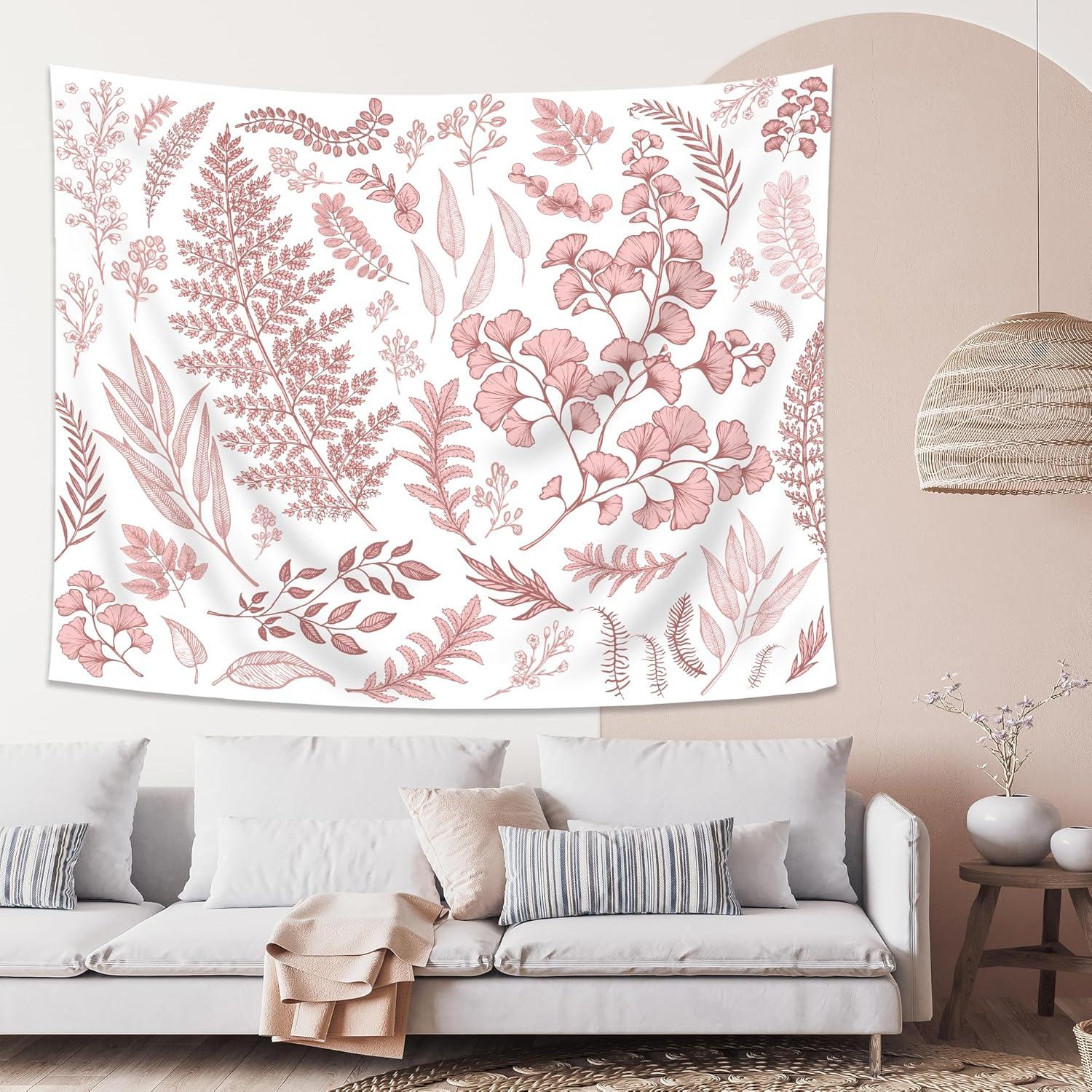Hot pink fabric wall tapestry with botanical print 75x100