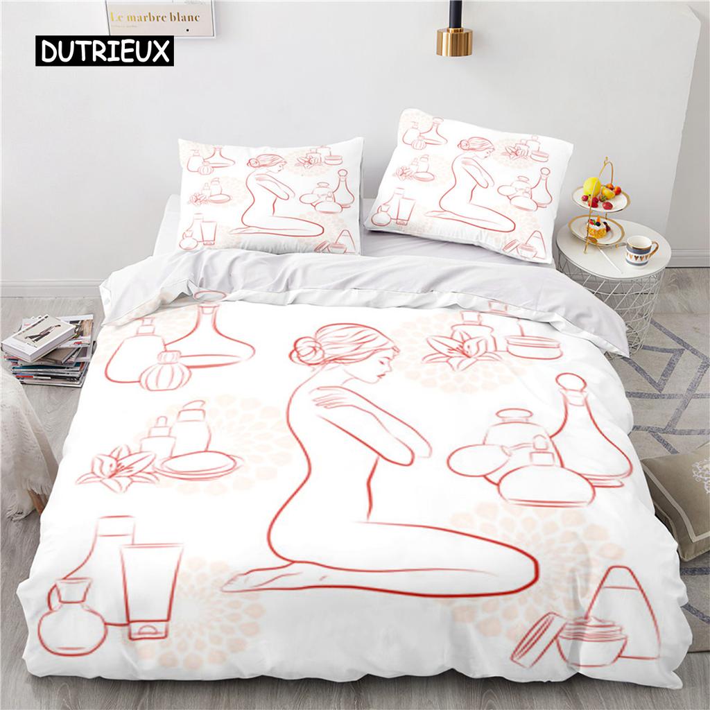 Frau Gesicht Linien Skizze Königin König Bettbezug Weibliches Porträt Rose Bettwäsche Set Einfache Striche Blume Polyester Bettdeckenbezug