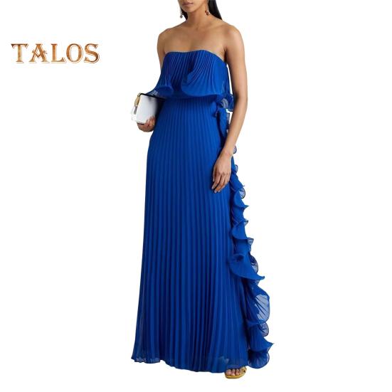 Damen Schulterfreies Maxikleid Sommer Rüschen Plissee Swing Langes Kleid für Hochzeitsfeiern Reisen Strand-Outfit