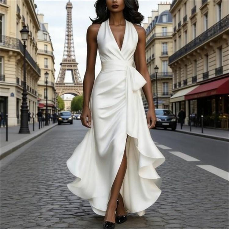 Women Sleeveless V Neck Halter Tie Waist Ruffle Satin High Low Prom Midi Dress Wedding Guest Party Cocktail Dress