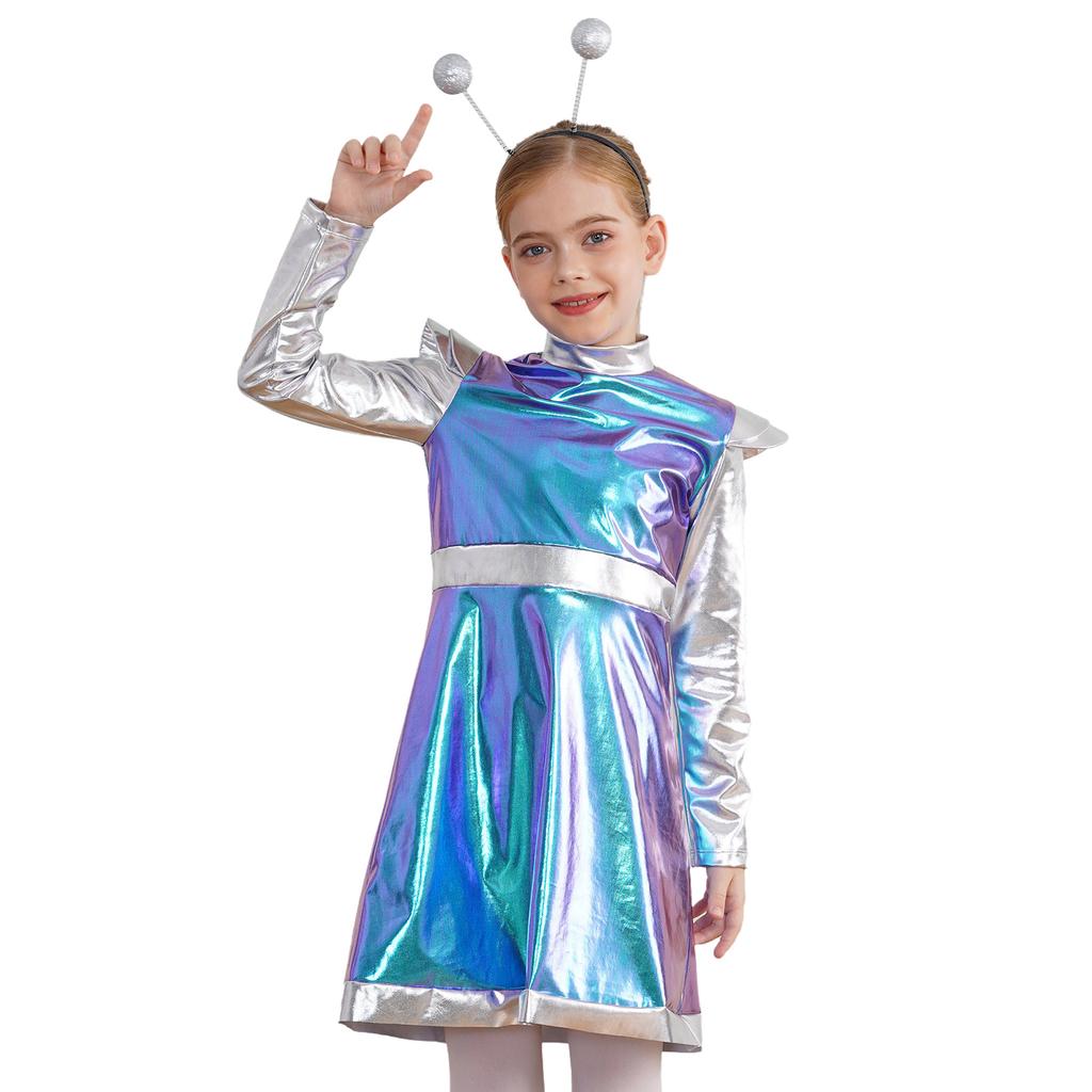 Girls Space Alien Costume Set 2 Pieces Outer Space Dress Alien Hair Hoop Cosplay Performance
