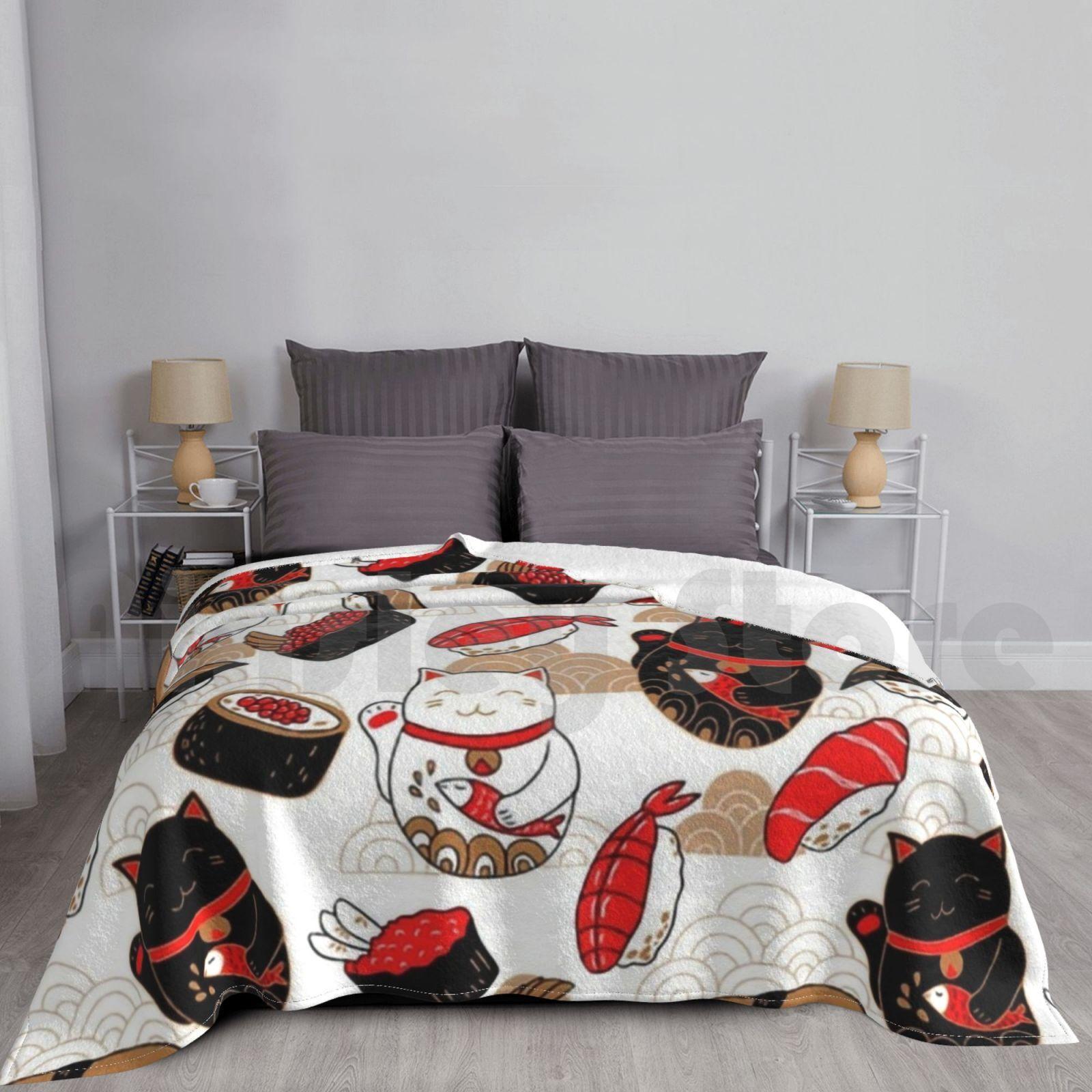 Japanese Lucky Cat Maneki-Neko And Sushi Feast Blanket For Sofa Bed Travel Sushi Cat Cute Cats Japan Kawaii Size: 75*100cm, Weight: 230 GSM