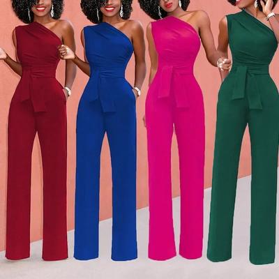 Women's Jumpsuit Solid Skew Collar Crop Top Straight Pants Belt Sexy Sleeveless Loose Pants Elegant Charming Playsuits