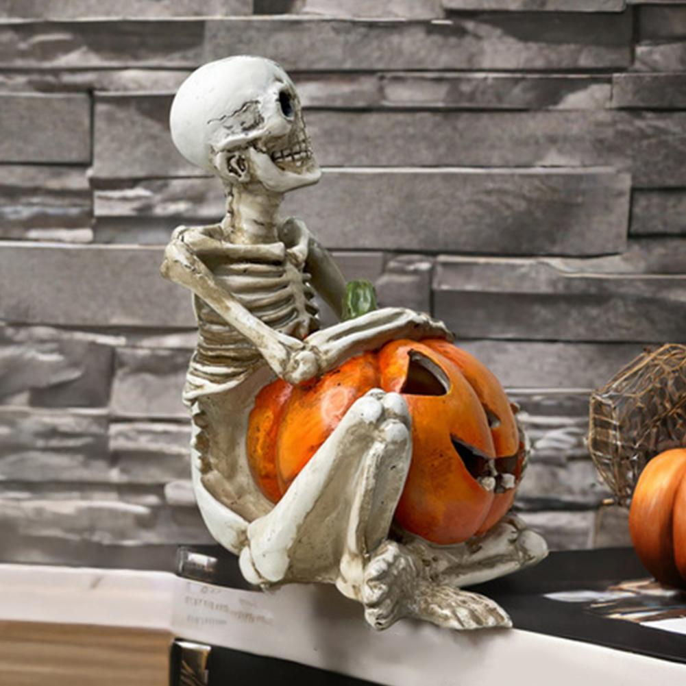 Pumpkin Skeleton Statue Halloween Skeleton Decor Spooky Halloween Skeleton Pumpkin Statue with Skull Crow for Home for Halloween