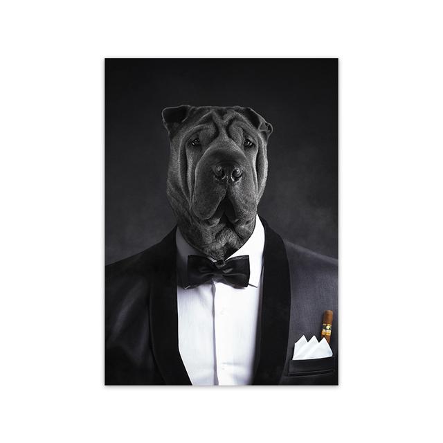 Nordic Funny Animal Canvas Painting Black Dog Wear Sunglasses Clothes Poster Print Black White Wall Art Pictures for Living Room
