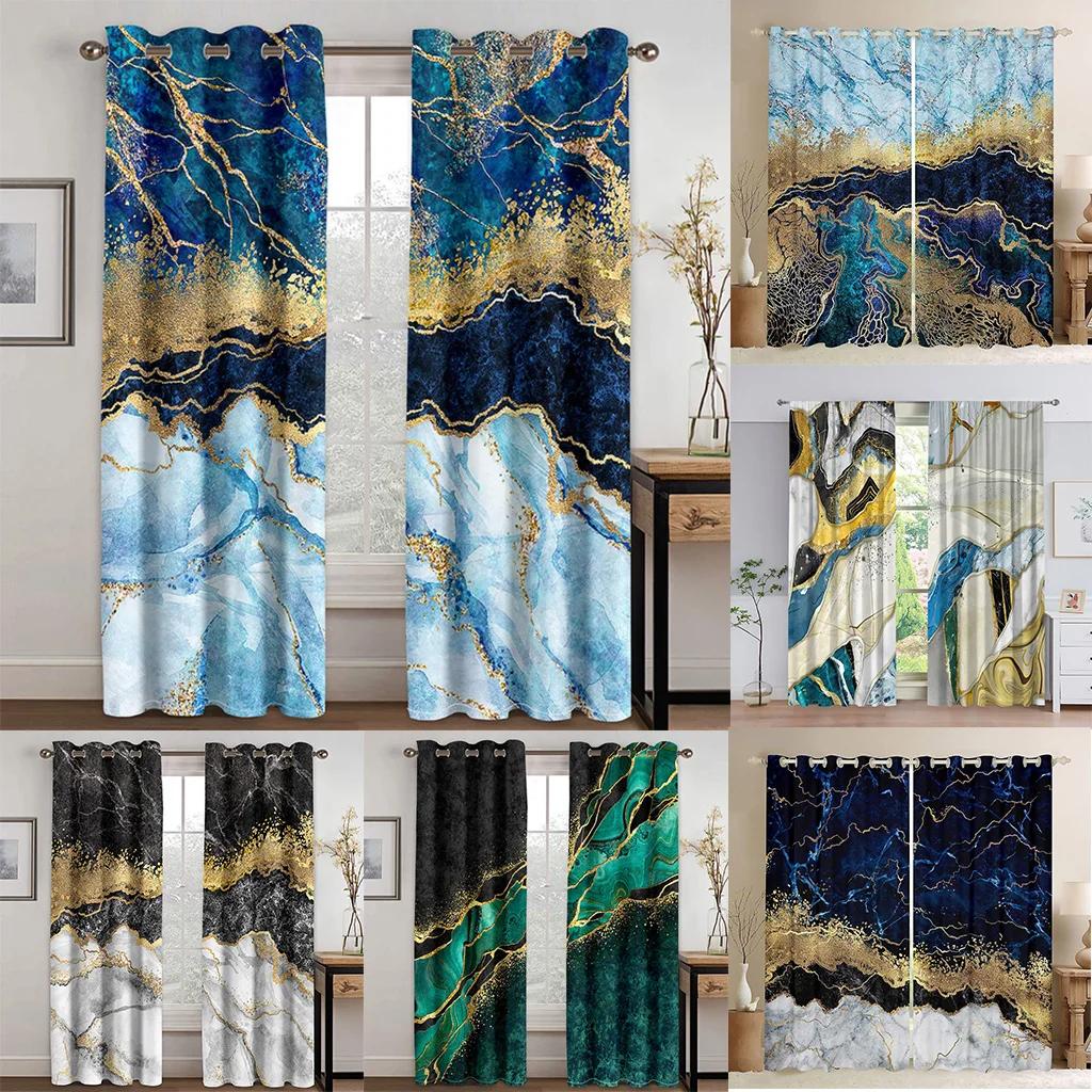 3D Moderne Klassisk Marmor Grønt Gull Elegant Grå 2 Panel Tynn skyggelegging Polyester Vindusgardin for soverom Stueinnredning