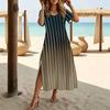 Women Fashion Round Neck Colorful Grid Lines Printed Short Sleeve Side Slit Dress Casual Vacation Dress Long Loose Dress