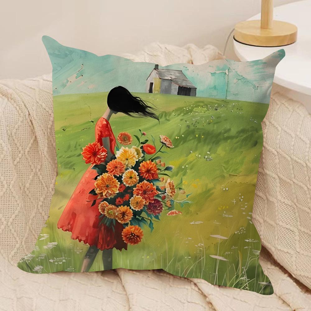 The girl is holding flowers Cushion Cover Soft Plush DoubleSided Printed Sofa Pillow Cushion Cover  Cozy AllSeason Decor Gift