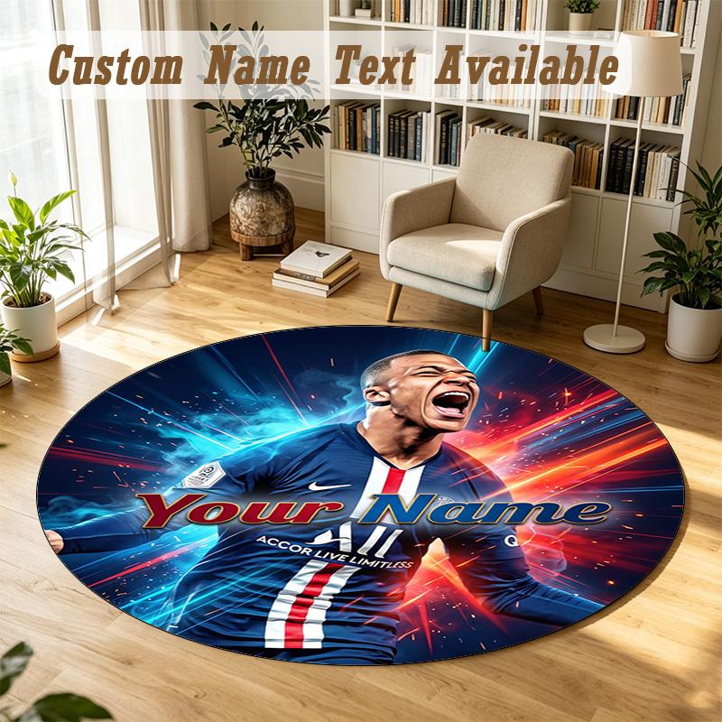 Round Rug Custom NameKylian Mbappe Pattern Non Slip Carpet Home Floor Decor