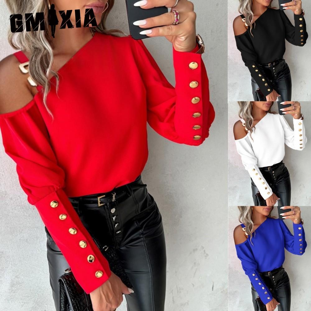 GMXIA Damenmode, lässig, einfarbig, langärmelig, Blusen und Hemden