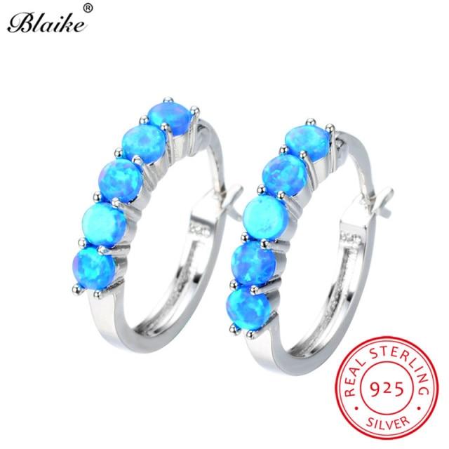 

Blaike 925 стерлингового серебра круглые серьги-кольца для женщин синие / белые огненные опаловые серьги радужного камня круг пирсинг ушей ювелирные изделия