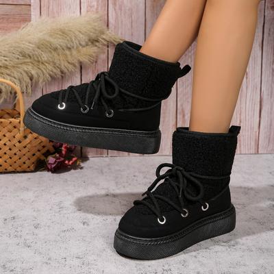 Modne damskie buty zimowe 2024 z okrągłym noskiem, w jednolitym kolorze, na średnim obcasie, z grubą podeszwą, z zamszu, ciepłe, sznurowane, damskie buty do połowy łydki