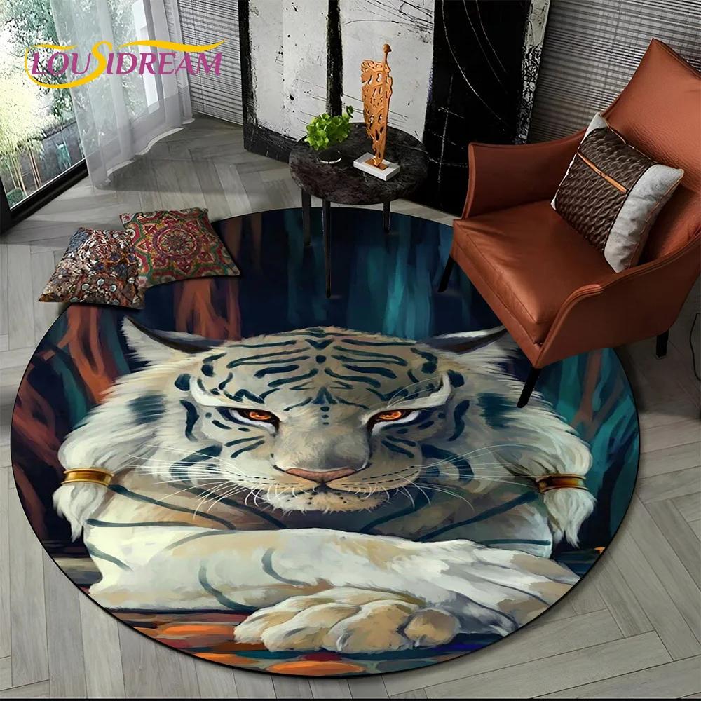 Animal Wildlife Cartoon Beast Tiger Lion Leopard Round Carpet Rug for Living Room Bedroom Child Decor,Pet Area Rug Non-slip Mat