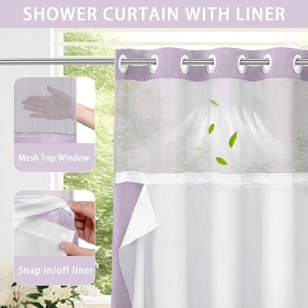 BreezeLoom - Snap-On Shower Curtain with Detachable Liner, 75-Inch x 72-Inch, Soft Lavender